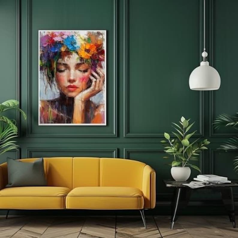 Bold Boho Woman Art Print Abstract Floral Portrait Vibrant Modern Wall ...
