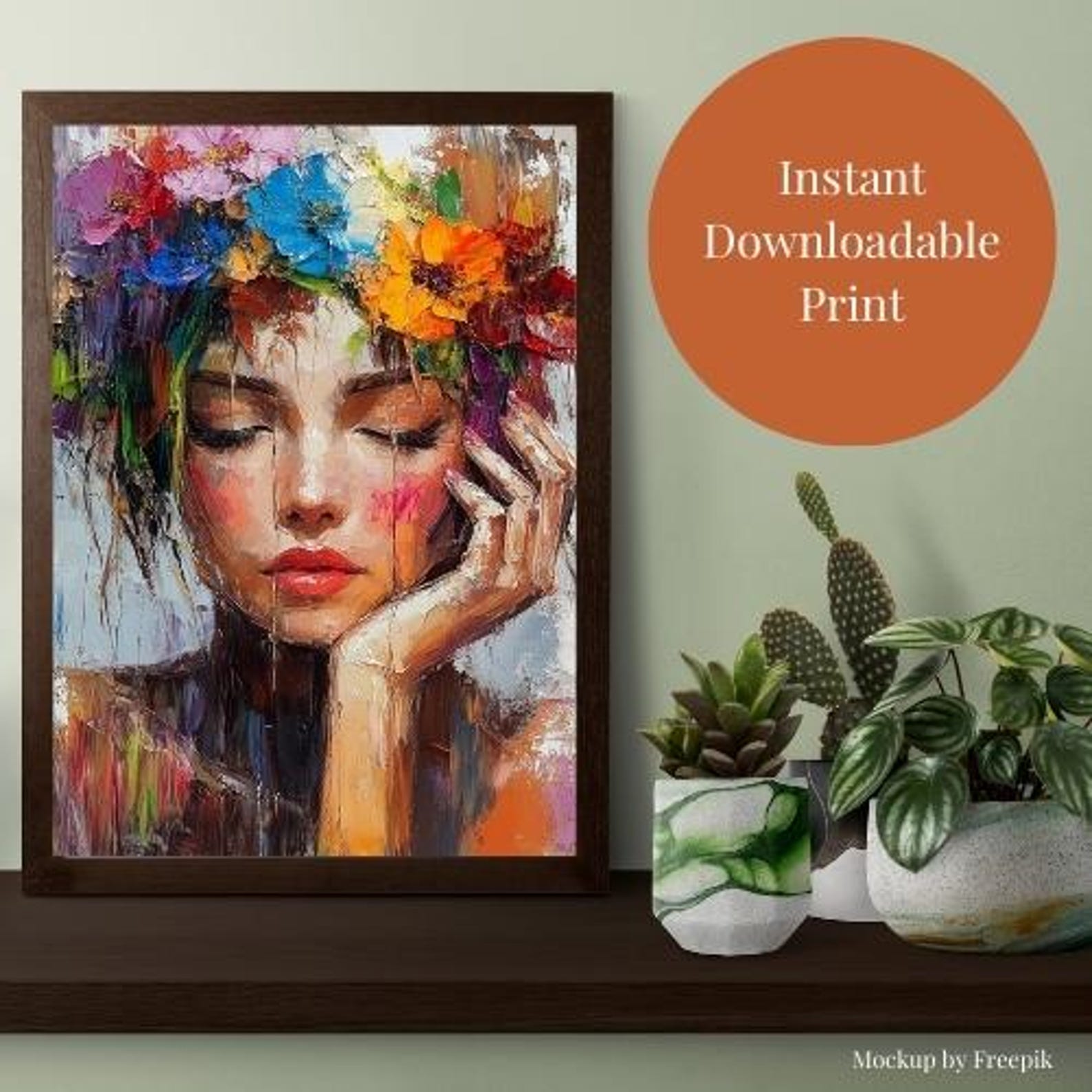 Bold Boho Woman Art Print Abstract Floral Portrait Vibrant Modern Wall ...