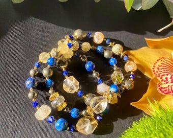 Citrine, pyrite & lapis lazuli crystal Jewelry Set - gemstone Bracelet one-of-a-kind Gift for women