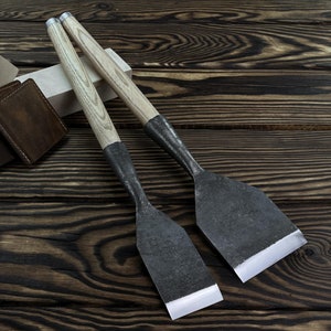 Hand-Forged Large 2-piece Slick Chisel Set. Timber Framing Tools. Carbon Steel Blades. Ergonomic Ash Handles. Woodworking Gift for Dad.