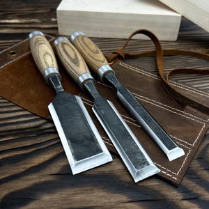 Hand-Forged 3-piece Chisel Set. Wood Carving Tools. Carbon Steel Blades. Ergonomic Ash Handles. Timber Frame Tools. Gift for Beginners.