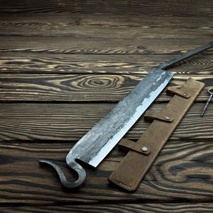Hand-Forged Cloggers Knife with Sheath. 52100 Carbon Steel Blade. Ash Wood Handle. Handmade Stock Knife. Woodworking Tool. Gift for Husband.