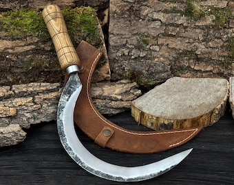 Hand-Forged Garden Sickle, 52100 Carbon Steel Blade, Hand Scythe for Crops & Grass
