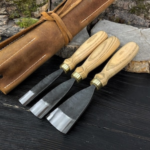 Hand-Forged Wood Carving Gouges. Carbon Steel Blades. Ergonomic Ash Handles. Spoon Carving Bent Chisels with Leather Roll. Gift for Carver