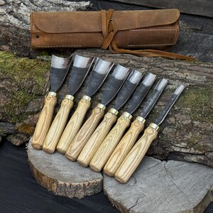 Wood Carving Gouges, Carbon Steel Blades, Ash Handles, Bowl Carving Tools with Leather Roll