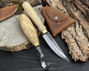 Spoon Carving Knives with Sheath, Hand-Forged Carbon Steel Blades, Tool for Bowl & Kuksa