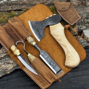 Hand-Forged Wood Carving Tool Set with Chisel, Knives and Hatchet, Gift for Carver