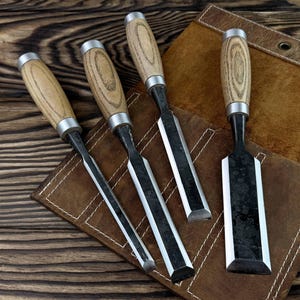 Hand-Forged Wood Carving Chisels. Carbon Steel Blades. Ergonomic Ash Handles. Versatile Tools for Detail Work. Gift for Professional Carver.