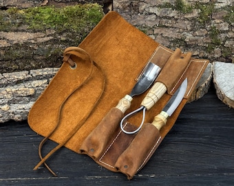 Handmade Leather Tool Roll, Genuine Crazy Horse Leather, Organizer for Knife & Chisel with 3 Pockets