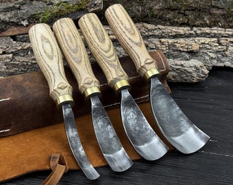Hand-Forged Bent Gouges with Leather Roll. Carbon Steel Blades. Spoon & Bowl Carving Tools