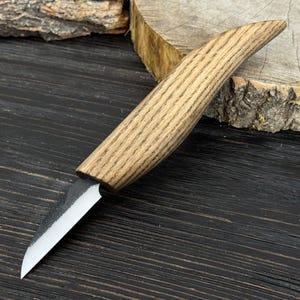 Hand-Forged Whittling Knife. 52100 Carbon Steel Blade. Ash Wood Handle. Wood Carving Knife for Spoons, Figures & Detail Work. Beginner Knife