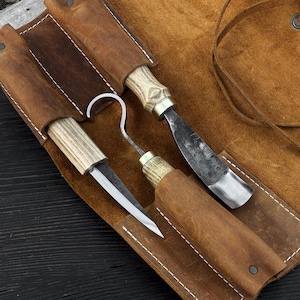 Hand-Forged Spoon Carving Tools. Carbon Steel Blades. Ash Wood Handles. Leather Roll. Wood Carving Kit for Kuksa, Bowl & Spoon Carving
