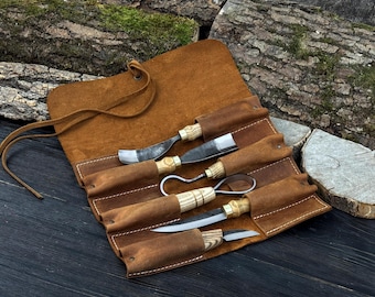 Handcrafted Leather Roll with 6 Pocket, Crazy Horse Holder for Carving Knife, Chisel & Garage Tools