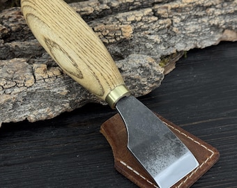 Straight Skiving Knife with Sheath. Hand-Forged Carbon Steel Blade. Ergonomic Ash Handle. Flat Leather Knife for Edge Skiving & Trimming.