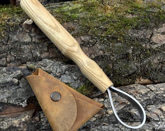 Hand-Forged Long Scorp Carving Knife. 52100 Carbon Steel Blade. Ergonomic Ash Handle. Kuksa Carving Tool with Leather Sheath. Gift for Men
