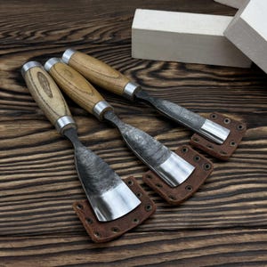 Carving Gouges. Woodwork Carving Tools. Curved Chisel Tools with Leather Sheaths. Carbon Steel Blade. Ash Handle. Gift for Detail Carver.