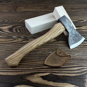 Hand-Forged Bushcraft Hatchet. Camping Axe with Leather Sheath. Carbon Steel Blade. Ash Handle. Chopping Tool. Gift for Beginner Carver.
