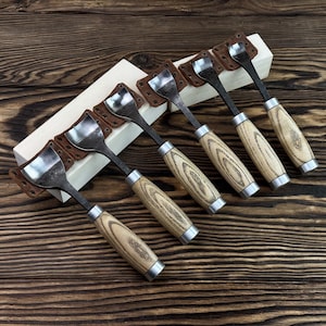 Hand-Forged Bent Gouge 6-Piece Set. Wood Carving Tools. Leather Sheaths. Curved Carbon Steel Blades. Ergonomic Ash Handles. Craftsman Gift.
