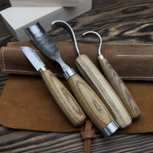 Hand-Forged Spoon Carving 4-piece set. Carbon Steel Blade. Ash Handles. Hook, Gouge & Whittling Knives. Wood Carving Tools with Leather Roll