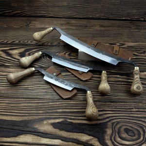 Hand-Forged Straight Drawknives. Carbon Steel Blade. Ergonomic Ash Handle. Heavy Duty Carving Tool with Leather Sheath. Gift for Woodworker.