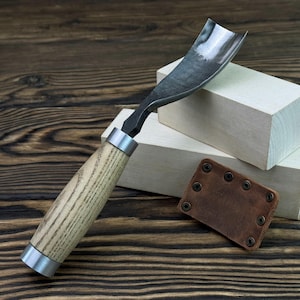 Hand-Forged Bent Gouge. 52100 Carbon Steel Blade. Ash Handle. Curved Wood Carving Chisel for Shaping Spoons and Bowls. Gift for Carver.