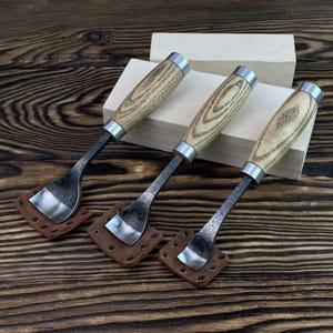 Hand-Forged Spoon Carving Gouge Set. Wood Carving Tools with Leather Sheaths. Curved Carbon Steel Blades. Ash Handles. Gift for Woodworker.