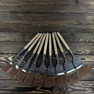Hand-Forged Slick Chisel Set 9 pcs. Wood Carving Tools. 52100 Carbon Steel Blades. Ash Handles. Straight Framing Chisels. Carpenters Gift.