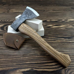 Hand-Forged Bushcraft Hatchet. Carving Axe with Leather Sheath. Spoon Carving Tool. Ash Handle. Carbon Steel Blade. Gift for Beginner Carver