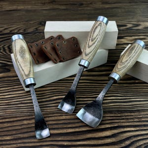 Hand-Forged Spoon Carving Gouges. Wooden Carving Tools with Leather Sheaths. Ash Handle. Curved Carbon Steel Blades. Gift for Woodworker.