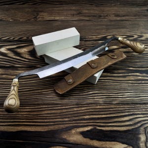 Hand-Forged Drawknife with Leather Sheath. Carbon Steel Blade. Ergonomic Ash Handle. Carpentry Woodworking Tool. Gift for Husband or Maker.