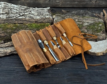 Handcrafted Leather Tool Roll, Genuine Crazy Horse Leather Organizer, Multiple Pocket Options