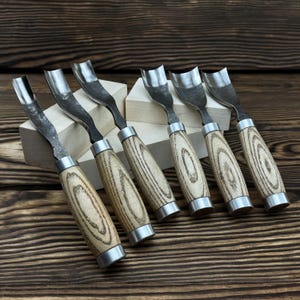 Hand-Forged Bent Gouge 6-Piece Set. Curved Carbon Steel Chisels with Ash Handles and Leather Sheaths. Wood Carving Tools. Gift for Men.