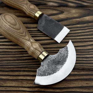 Hand-Forged 2-piece Leather Tool Set. Round Knife & Skiving Knife. 52100 Carbon Steel Blades. Ash Handles. Leathercraft Gift for Artisans.