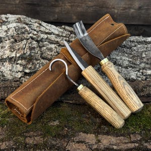 Hand-forged carving knives and gouge with rolled leather case, kuksa carving tool set.