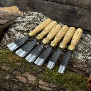 May include: Six wood carving chisels with light-colored wooden handles and metal blades. The blades have a dark, textured finish with a polished, silver edge. The chisels are arranged on a mossy, textured surface.