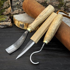 Three forged wood carving tools arranged together, spoon carving kit for kuksa and bowl carving.