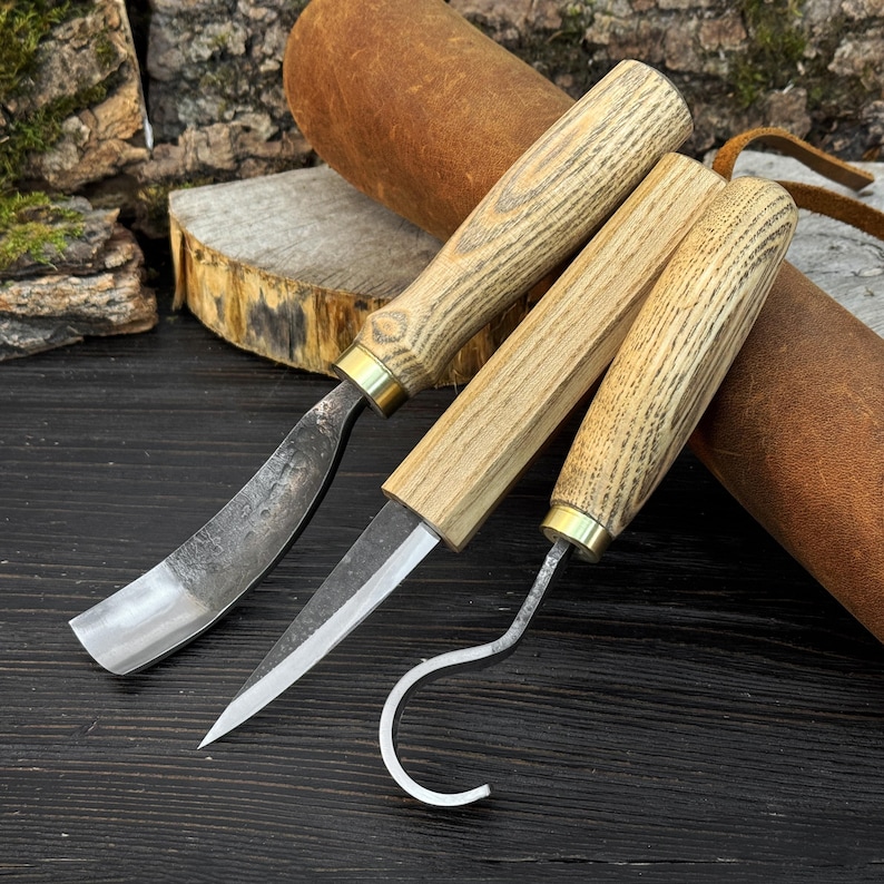 Three forged wood carving tools arranged together, spoon carving kit for kuksa and bowl carving.