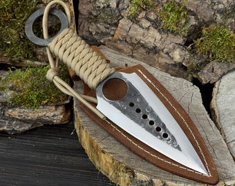 Hand-Forged Throwing Knife with Sheath, Carbon Steel Blade, Paracord Wrap Handle, Outdoor Gear