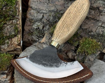 Hand-Forged Round Knife, 52100 Steel Blade, Ash Handle, Leatherworking Skiving Tool