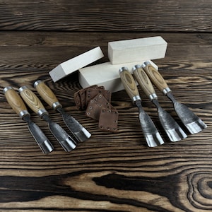 Hand-Forged Carving Gouges. Wood Carving Tools. Genuine Leather Sheath. Curved Carbon Steel Blades. Ergonomic Ash Handles. Gift for Artisan.