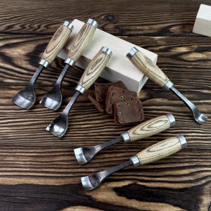 Hand-Forged 6-Piece Gouge Set. Wood Carving Tools with Genuine Leather Sheaths. Curved Carbon Steel Blades. Ash Handles. Gift for Artisan.