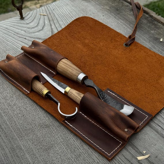 Hand-Forged Spoon Carving Tools with Leather Roll. Bent Gouge, Sloyd Knife and Hook Knife for Wood Carving.