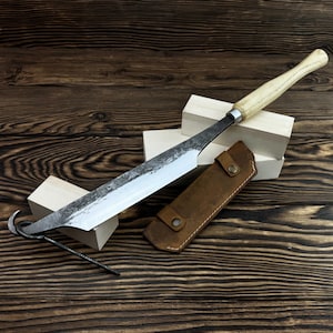 Hand-Forged Stock Knife with Leather Sheath. Carbon Steel Blade. Ergonomic Handle. Clogmakers Wood Carving Tool. Gift for Husband or Maker.