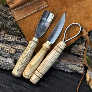 Wood Carving Tool Set. Hand-Forged Carbon Steel Blades. Ash Handles. Spoon & Bowl Carving Tools with Leather Roll. Gift for Carpenter