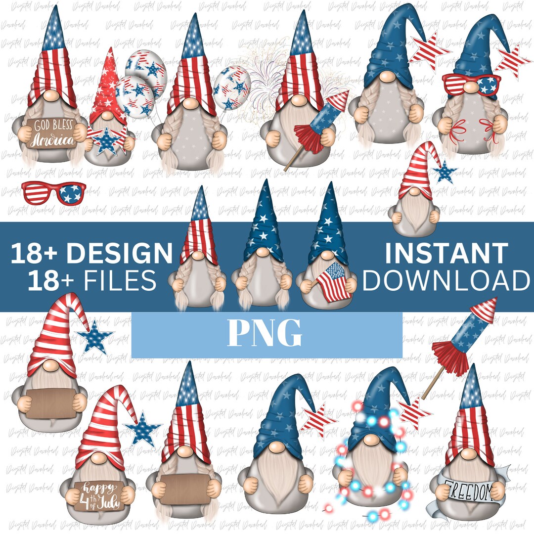 18 PNG, Patriotic Gnome Clipart Bundle. American Pride, 4th of July PNG ...
