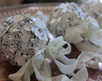 Vintage Sheet Music Paper Wedding Kissing Balls - Paper Flower Pomanders - Set of Three (3) - Handmade by Suzanne MacCrone Rogers