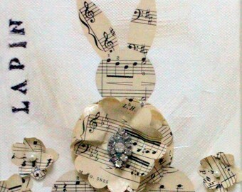 Lapin - Mixed Media Vintage Sheet Music Bunnies - White Rabbit - Nursery Wall Decor - Canvas Art - Original Art by Suzanne MacCrone Rogers