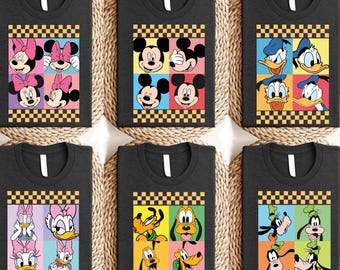 Customize Disney All Characters Checkered Retro Shirt, Disneyland Family Matching Sweatshirt, Goofy Pluto Dog T-shirt, Donald & Daisy Tee