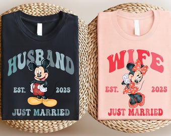 Just Married Shirt, Husband Wife 2025 T-Shirt, Mickey Matching Shirt, land Bride & Groom Shirt, Honeymoon Couple Gift Tee