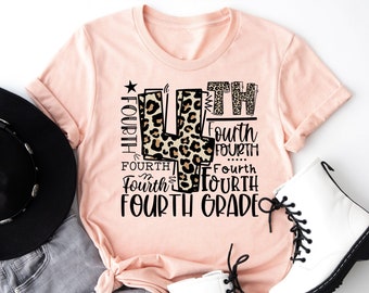 4th Grade Typography Shirt, Fourth Grade Leopard Tee, First Day of School Shirt, Back To School Shirt, Hello School Shirt, 4th Grade Teacher